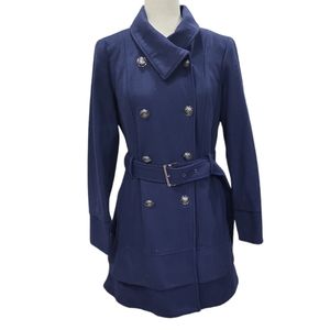 EUC New York Company women's navy blue belted wool blend pea coat wrapcoat layer